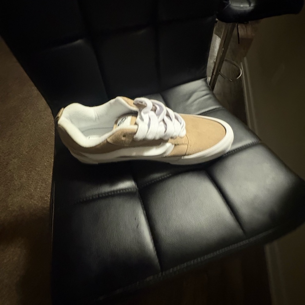 Vans Tan and White Low Top Slip-On Sneakers
